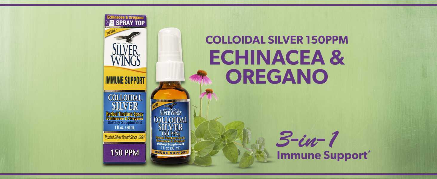 Natural Path Silver Wings Colloidal Silver 150ppm (750mcg) w/Echinacea & Oregano Immune Support Supplement 1 fl. oz. Spray