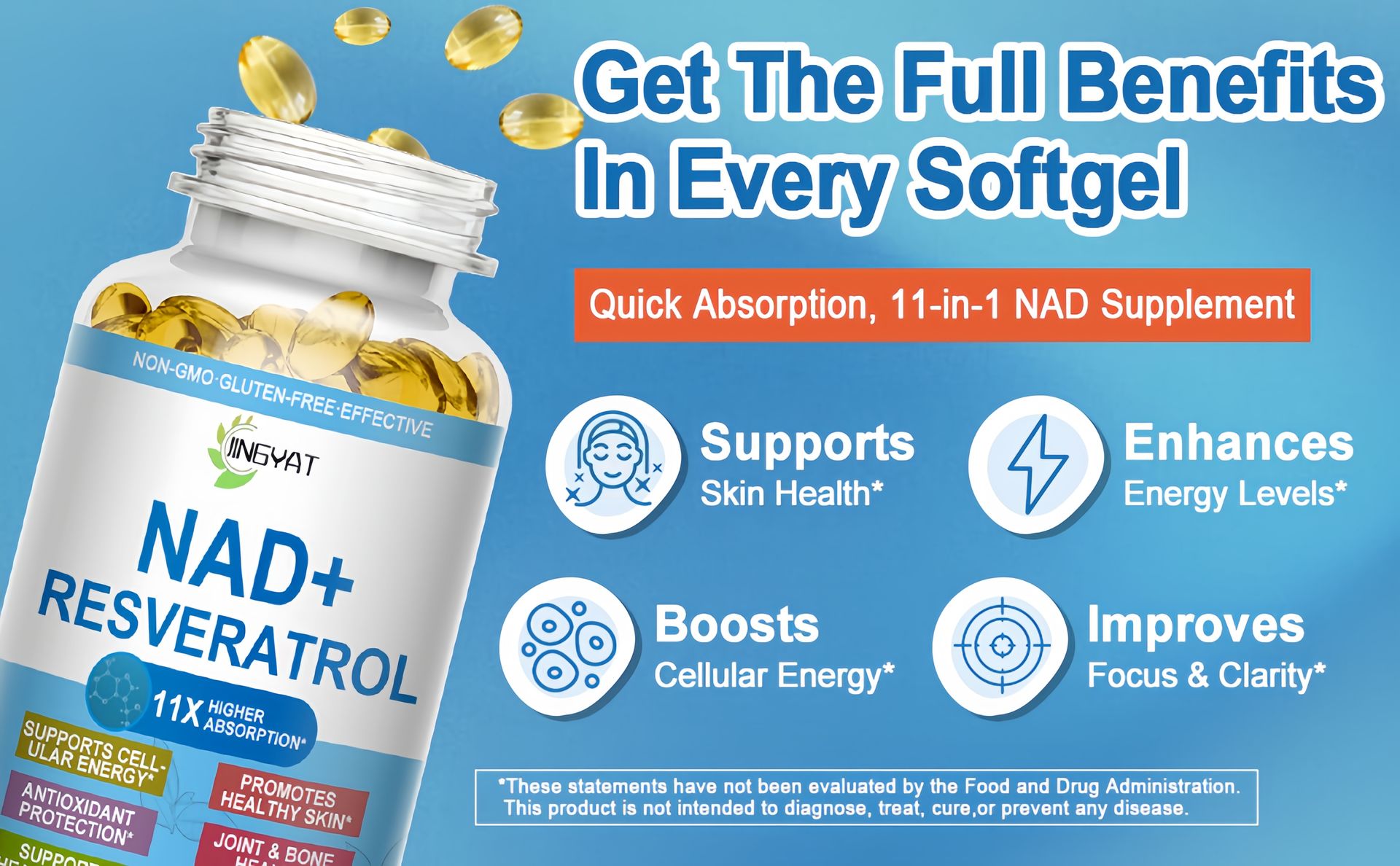 11-in-1 NAD Supplement with Resveratrol, CoQ10, Quercetin, Collagen, Grape Seed for Cellular Energy, Mental Focus & Antioxidant Support - NAD Supplement for Women & Men, 120 Soft Capsules