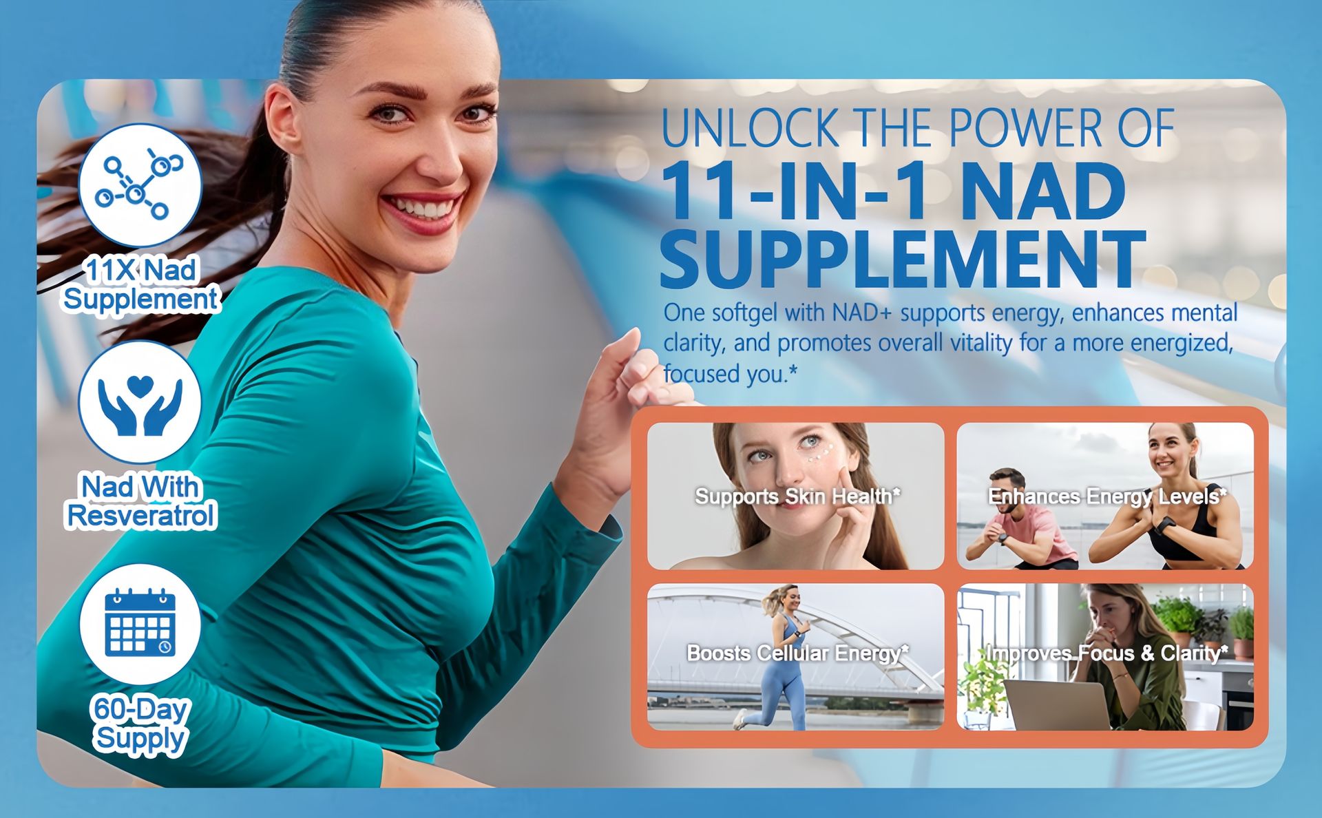 11-in-1 NAD Supplement with Resveratrol, CoQ10, Quercetin, Collagen, Grape Seed for Cellular Energy, Mental Focus & Antioxidant Support - NAD Supplement for Women & Men, 120 Soft Capsules