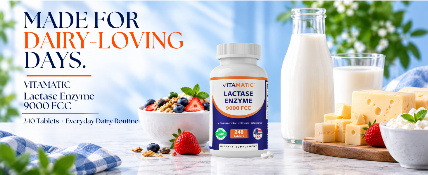 Vitamatic Lactase Enzyme 9000 FCC 240 Tablets - Lactose Intolerance Relief Caplets
