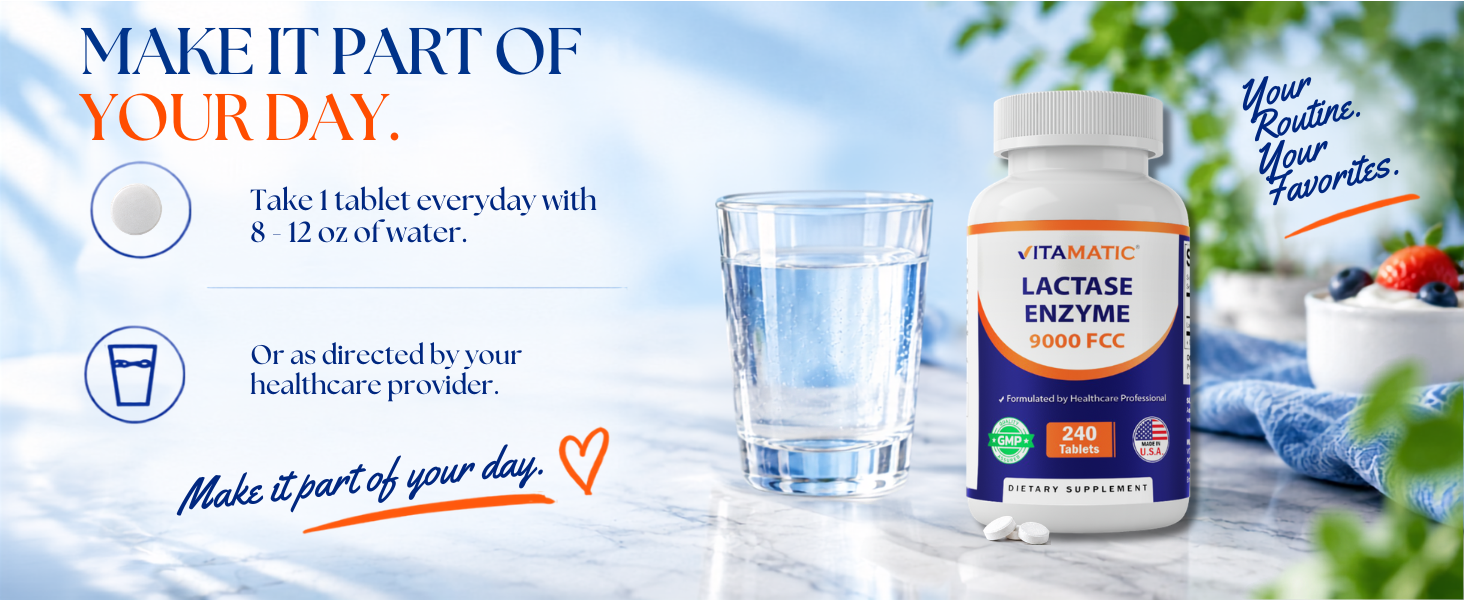 Vitamatic Lactase Enzyme 9000 FCC 240 Tablets - Lactose Intolerance Relief Caplets