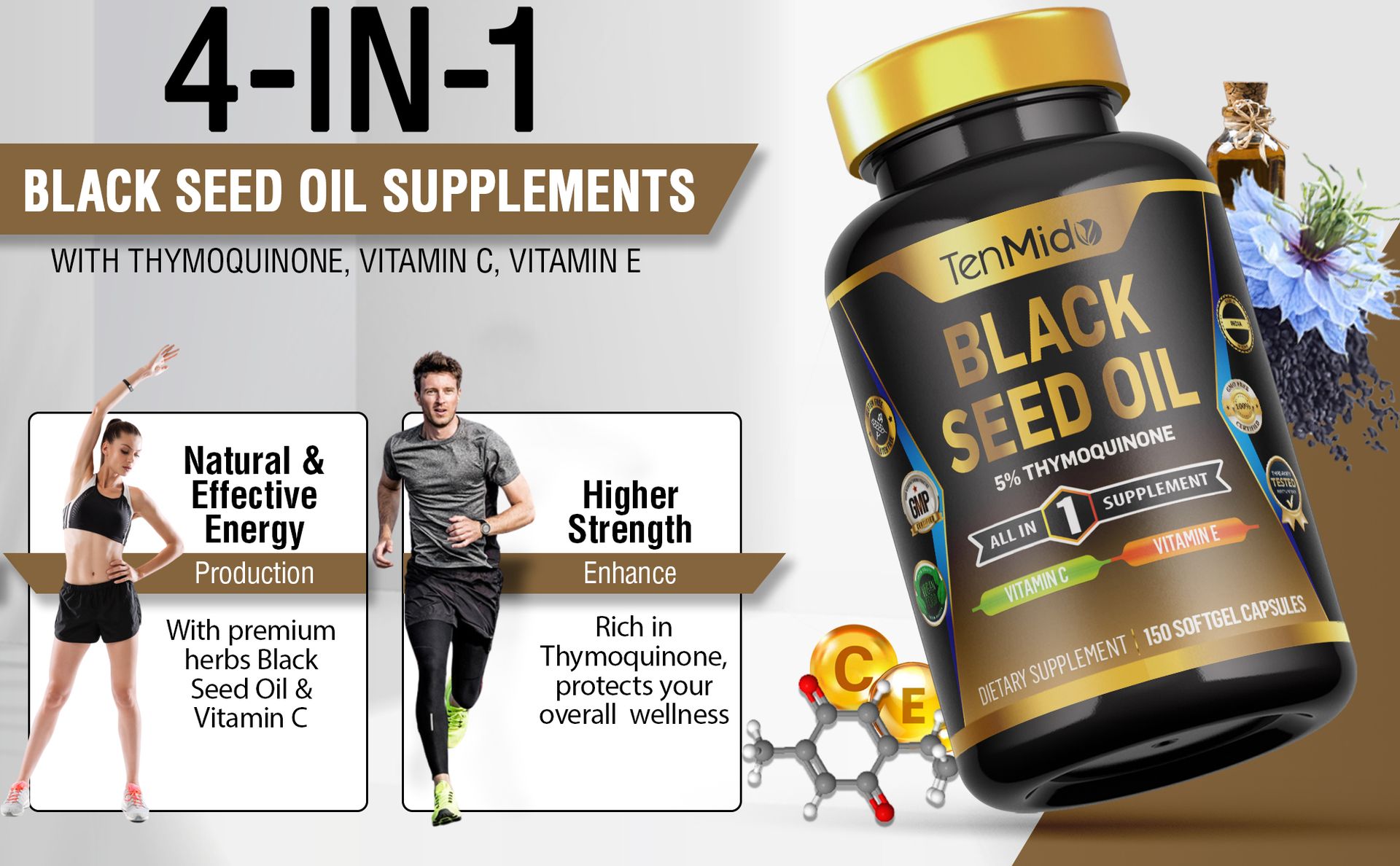Black Seed Oil Capsules Supplement - 4in1 Formula - Combine with Vitamin C, Vitamin E - Digestive Health, Immune Support - Rich in Nutrient - 150 Softgel Capsules