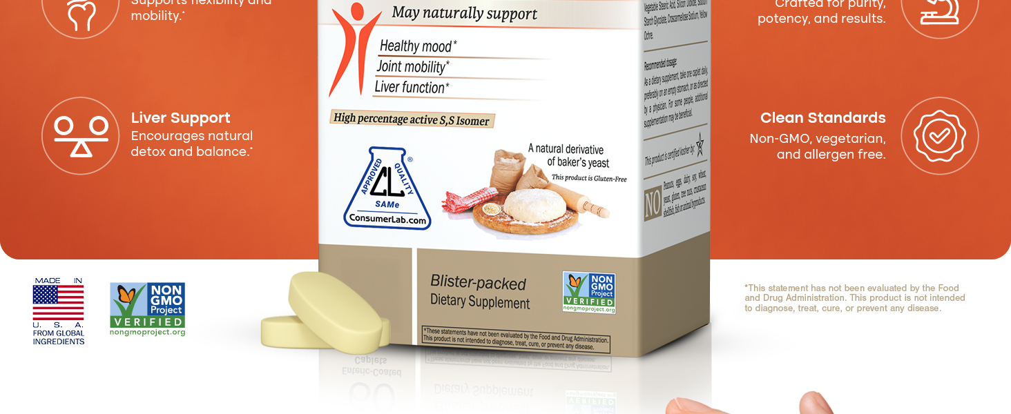 Nature's Trove SAM-e 400mg 60 Enteric Coated Caplets. Vegan, Kosher, Non-GMO Project Verified, Soy Free, Gluten Free - Cold Form Blister Packed.