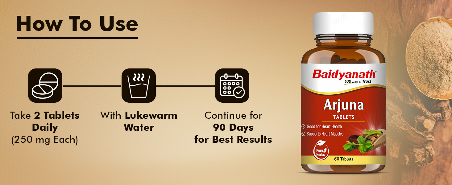 Baidyanath Ayurved Arjuna Tablets 60 Tabs (Pack of 2) | Pure Arjuna Bark Extract | Ayurvedic Supplement for Heart Wellness & Healthy Circulation | Supports Cardiovascular Vitality