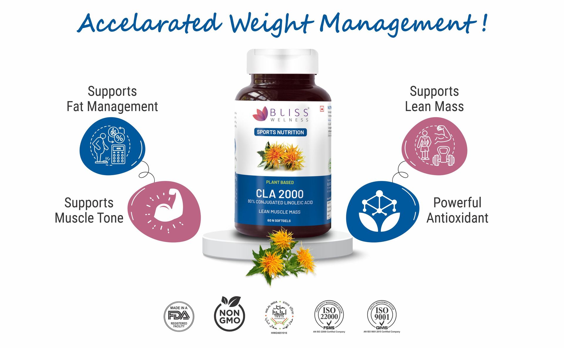 Bliss Welness Cla 2000 (Conjugated Lenoleic Acid) Lean Muscle Build Supplement (Pack Of 2), Capsule