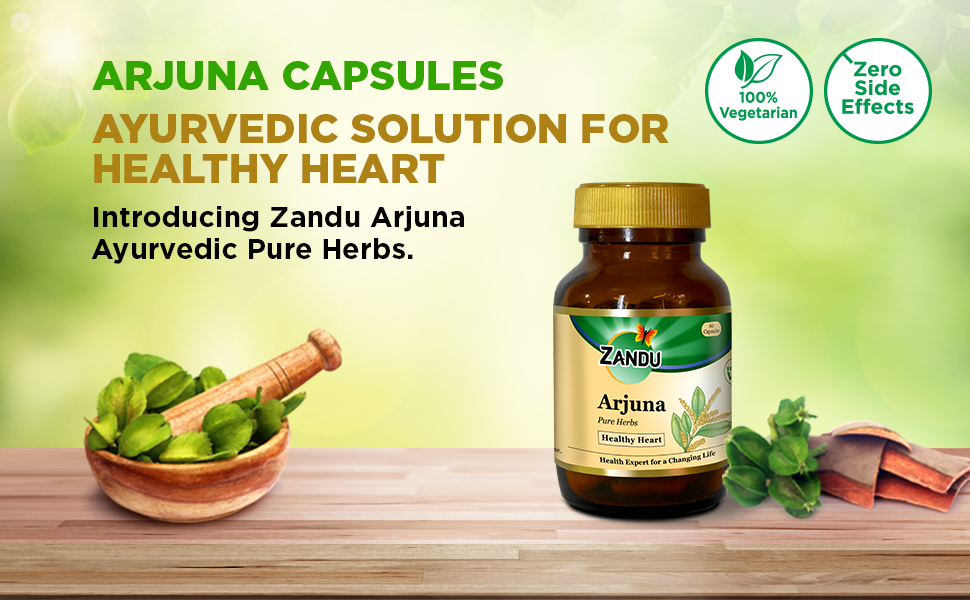 Zandu Arjuna Capsules - Helps to Maintain a Healthy Heart while Helping Keep Diabetes & Cholesterol Under Check, also Promotes Good Urinary Health - Pack of 60 Veg capsules