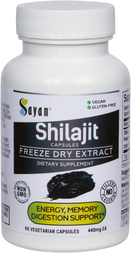 Sayan Shilajit 90 Capsules/440mg ea – 含有高富尔维酸含量以支持你的免疫系统、Bolster能量和自然清洁剂的有机补充物 – 非GMO,无填充剂