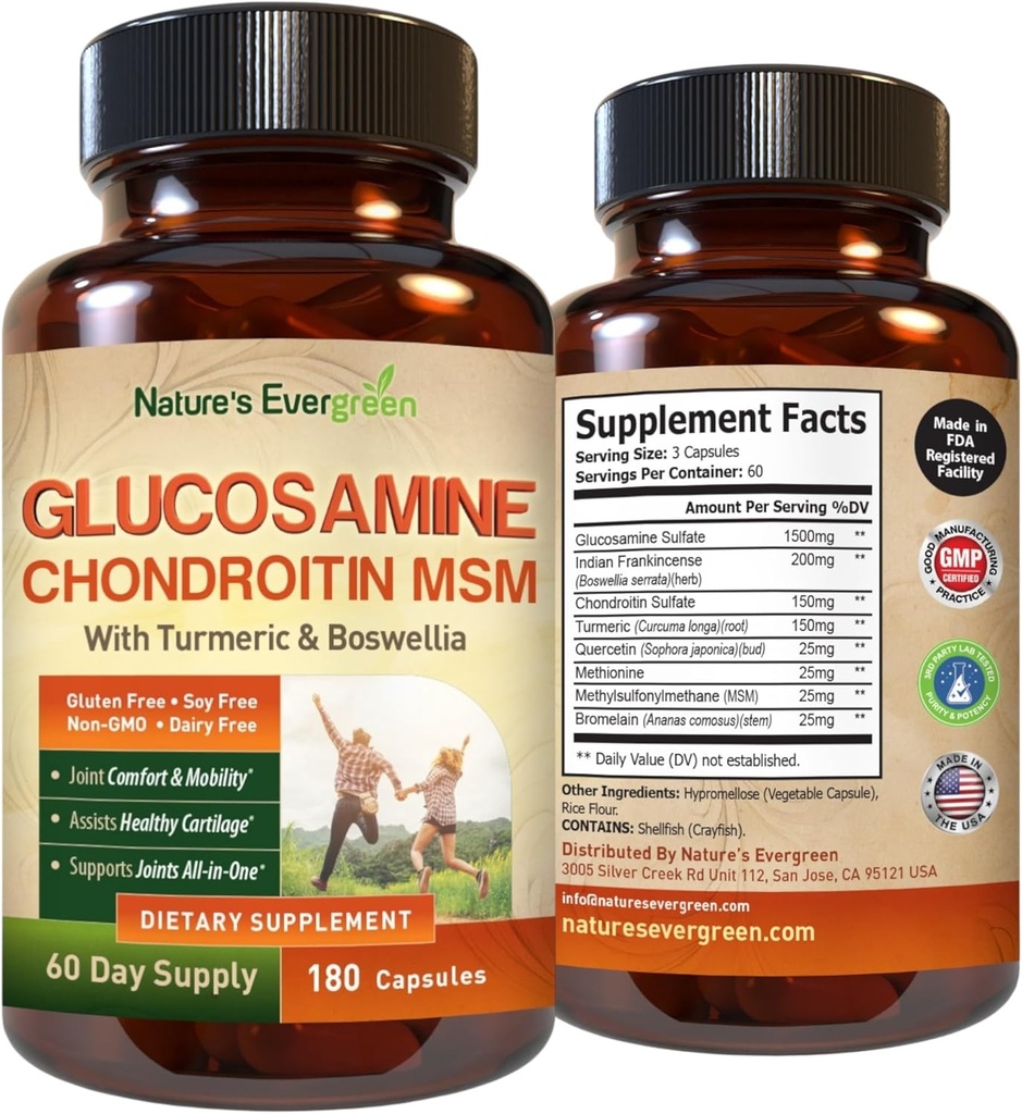 Glucosamine Chondroitin MSM 配有 Turmeric & Boswellia 补充 + 联合支持 + Glucosamine Sulfate 1500mg + 联合健康 CHondroitin Sulfate MSM 配有 Turmeric & Boswellia 补充 + 联合支持 + 联合支持 + 女性和男性 + 180 Capsules