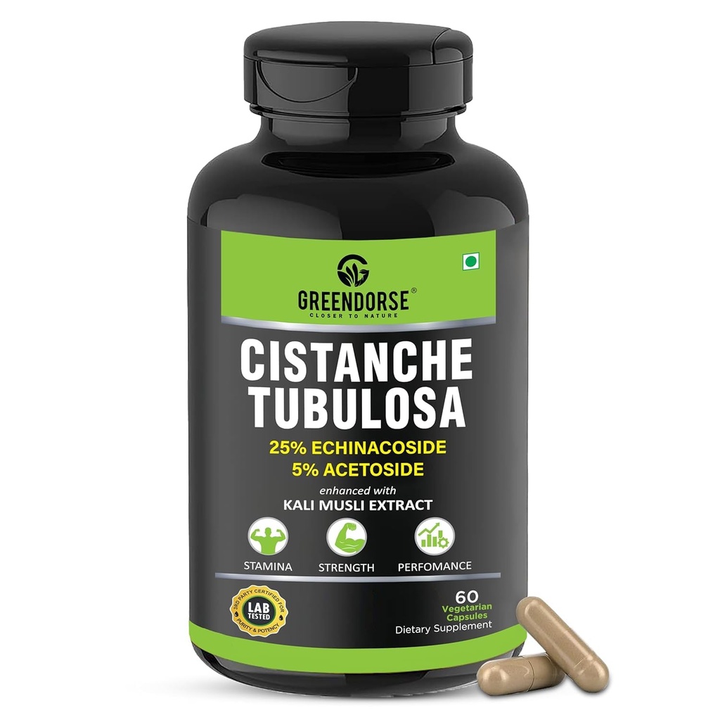 有机Cistanche Tubulosa标准化为25% Echinacoside,5% Acetoside with Kali Musli 提取 1000mg 第三党 测试强性、性能、生命力 - 60 Veg Capsules