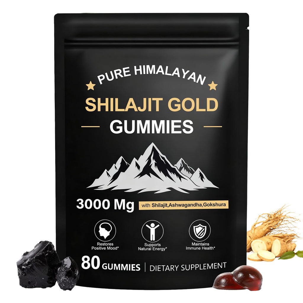 Shilajit Gummys、纯喜马拉雅Shilajit Gummys Gold、无添加糖 非GMO 100%自然和有机、Ashwagandha、Gokshura| Fulvic Acid & 85+ 男子、妇女