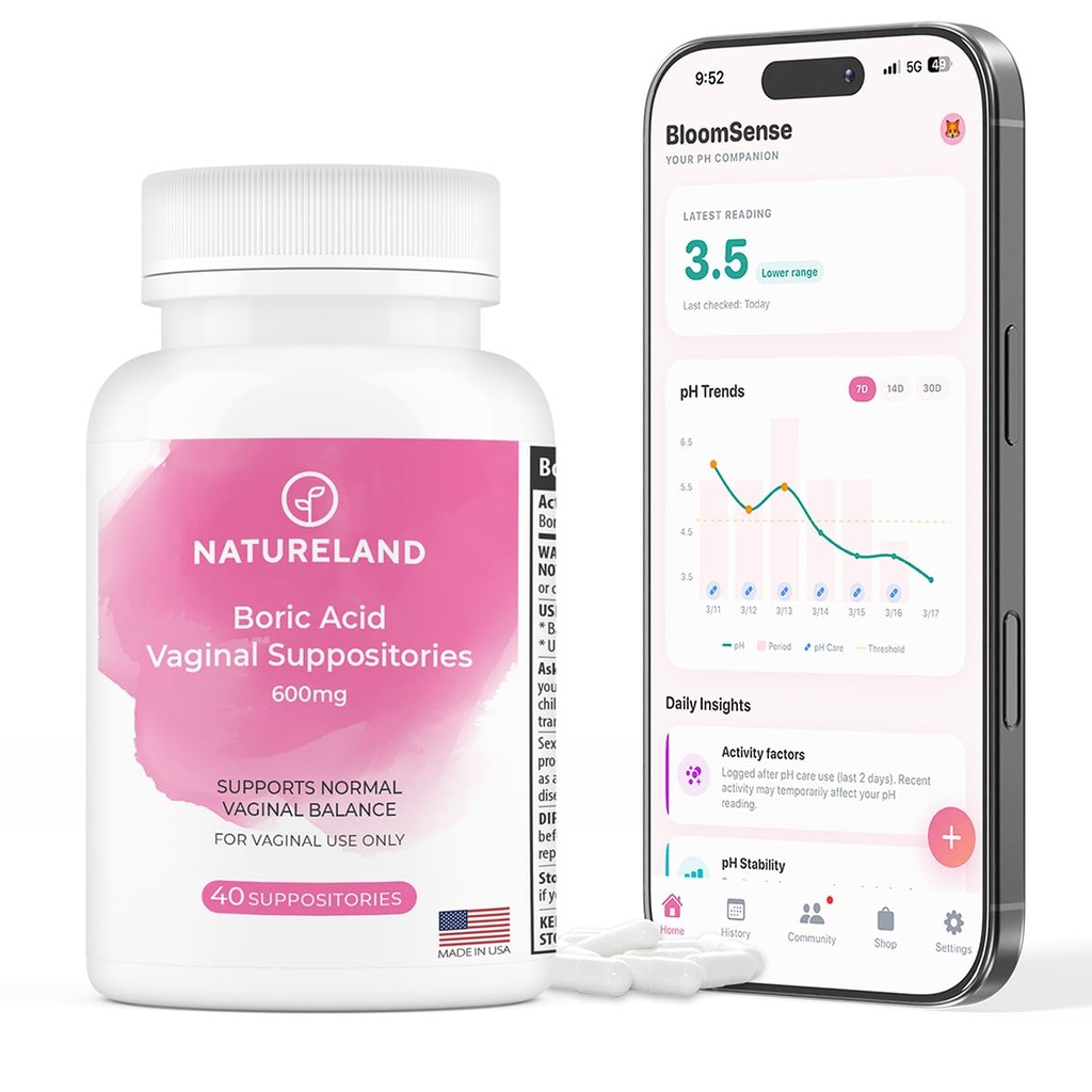 Natureland 40 Counter, 600mg Boric Acid 阴道套件,美国制造,恢复pH平衡和减少干燥,食道,偏头痛,以及放行,支持近亲健康(40 counter of 1)
