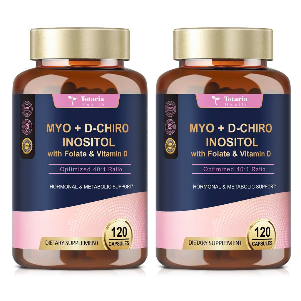 Totaria Inositol 妇女维生素D3补充剂,Folate,40:1 Myo-Inositol & D-Chiro Inositol 综合体,(维生素B8) Inositol Capsules,包装2