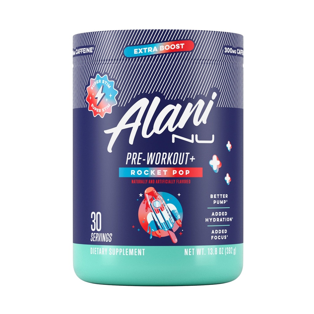 Alani Nu Pre Workout+ Powder Rocket POP, Extra boost, 无糖, 300mg咖啡因, L- Theanine, Beta-Alanine, Citrulline, 30种服务