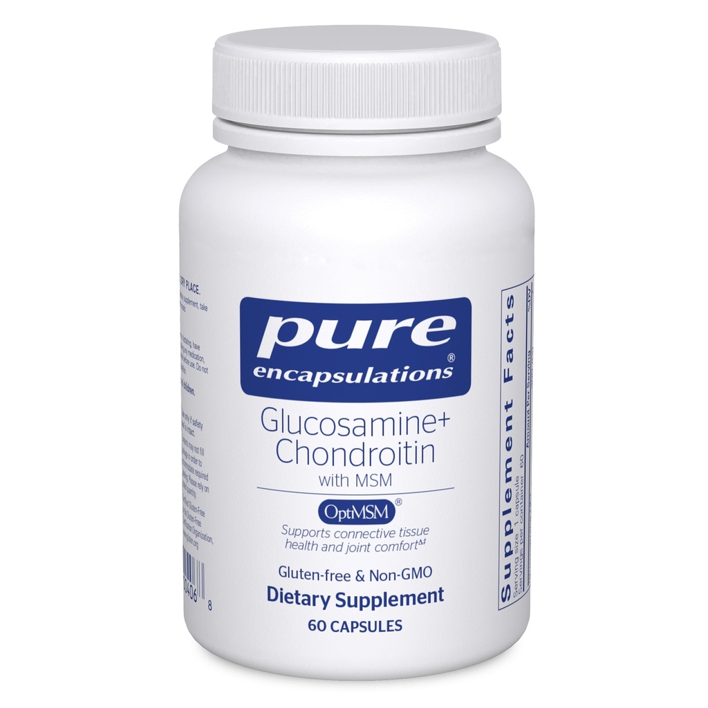 纯封装 Glucosamine Chondroitin 与 MSM - 支持联合健康与正常卡通形成 * - 维持酶活性 - Gluten-free & Non-GMO - 60 Capsules