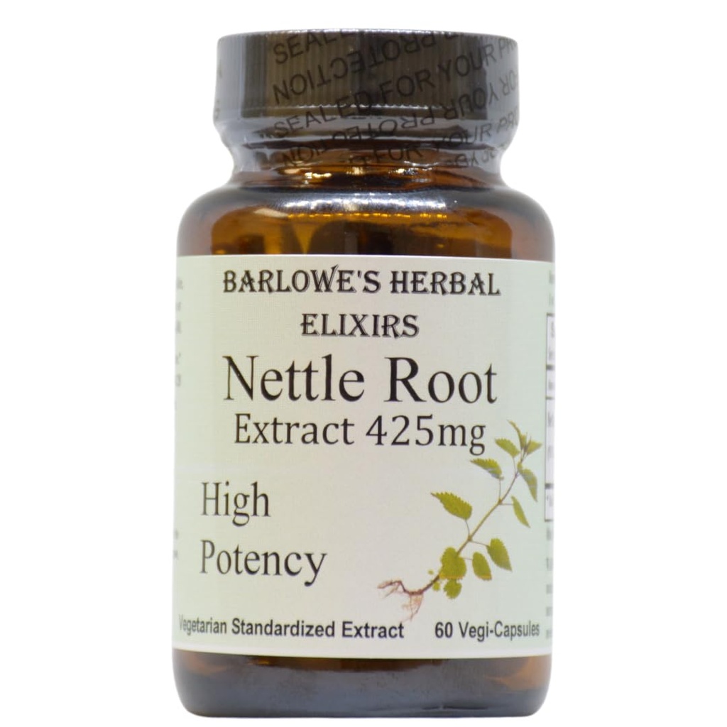 Barlowe的草药 Elixirs Nettle 根提取器 Urtica Dioica 95% 3,4-Divanillyltetrahydrodrofuran | 425mg Per Capsule | 60 Vegan Capsules | Stearate-free | 玻璃瓶
