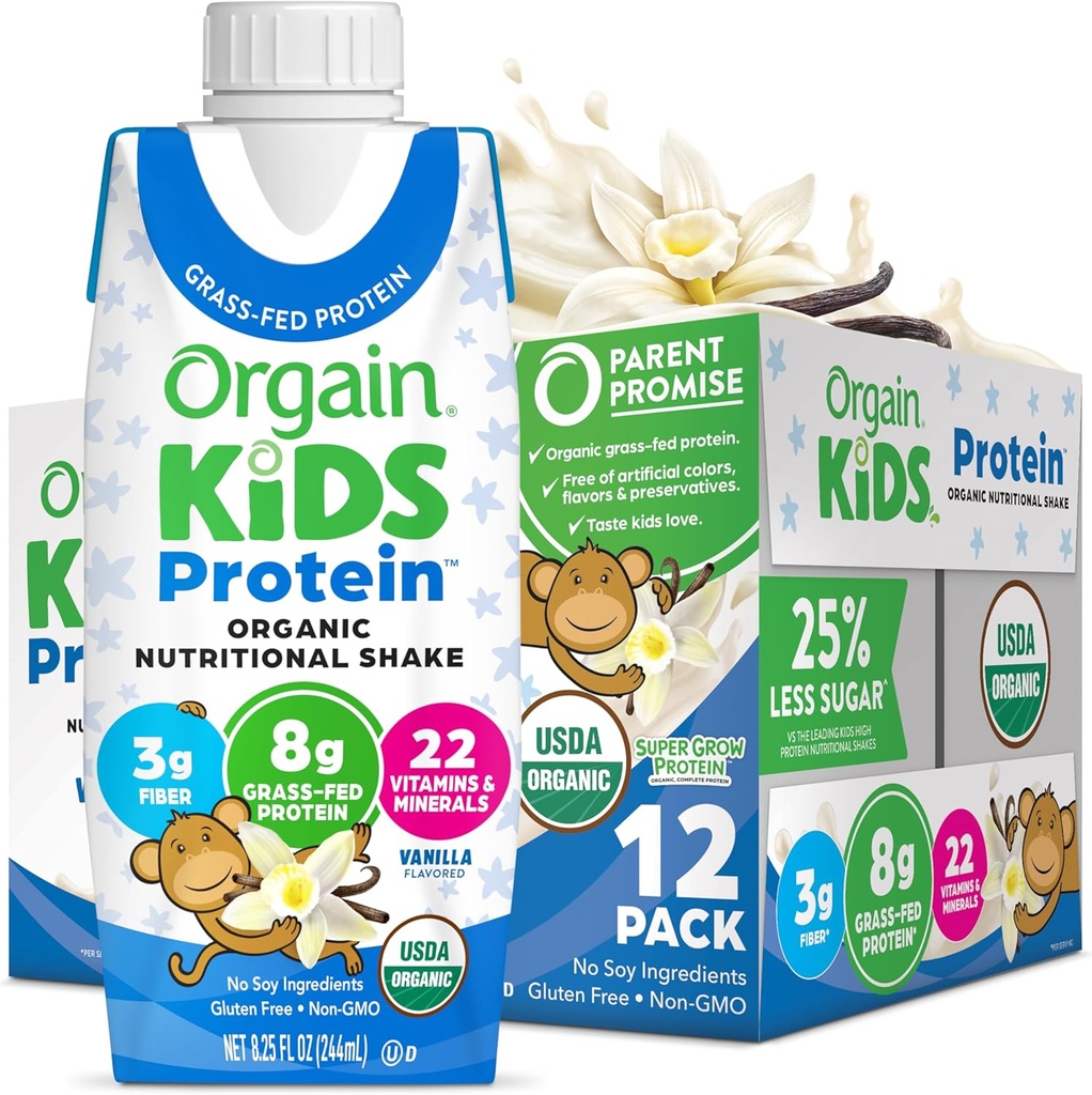 Orgain 有机儿童 营养蛋白摇晃 香草 健康儿童 肉片 8g 乳制品蛋白 3g 纤维 22 维生素和矿物 无豆原料 格鲁滕 免费,非GMO, 8.25 Fl Oz(12包)