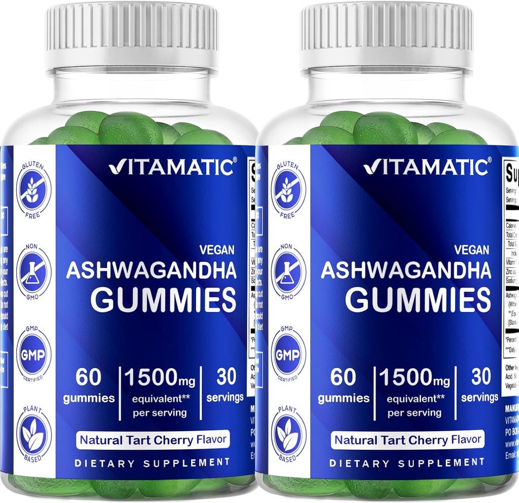 维他命2 Pack Ashwagandha Gummys 1500 mg 等效人(从30:1 提取 50 mg) - 60 Vegan Gummys - 3% Watanolides