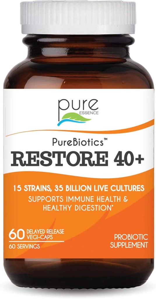 PURE ESSENCE LABS 纯品修复 40+ Probiotic 补充品 - 支持 Immune 和 消化健康 - 乳品和 Gluten 免费 - 15 Strains (35亿 CTU) 成人 天然Probiotics (60 Caps)