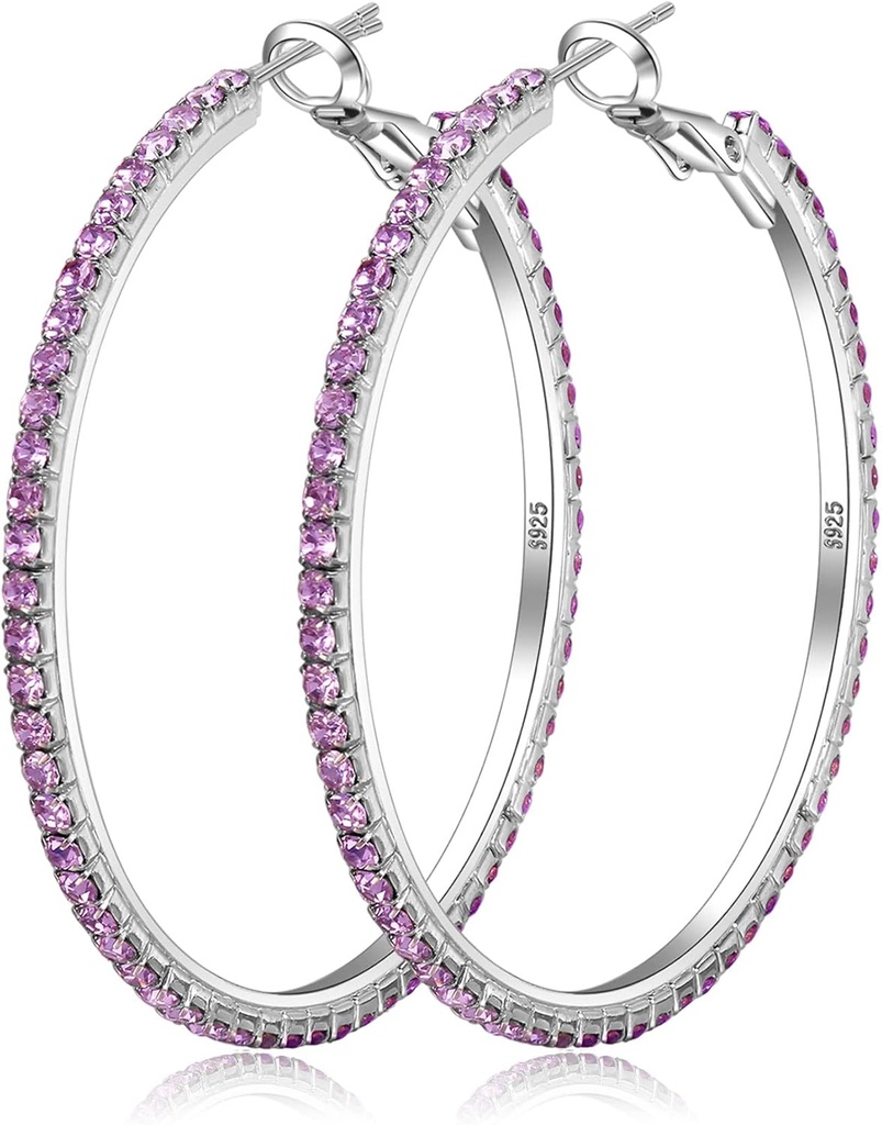 925 斯特林银耳 大型莱茵斯通 Hoop Earrings 大cubic Zirconia Hoop Earrings 薄莱茵斯通环形山女子耳环 20/30/40/50/60/70毫米口径 闪闪发光的Hoops 带有水晶的女性
