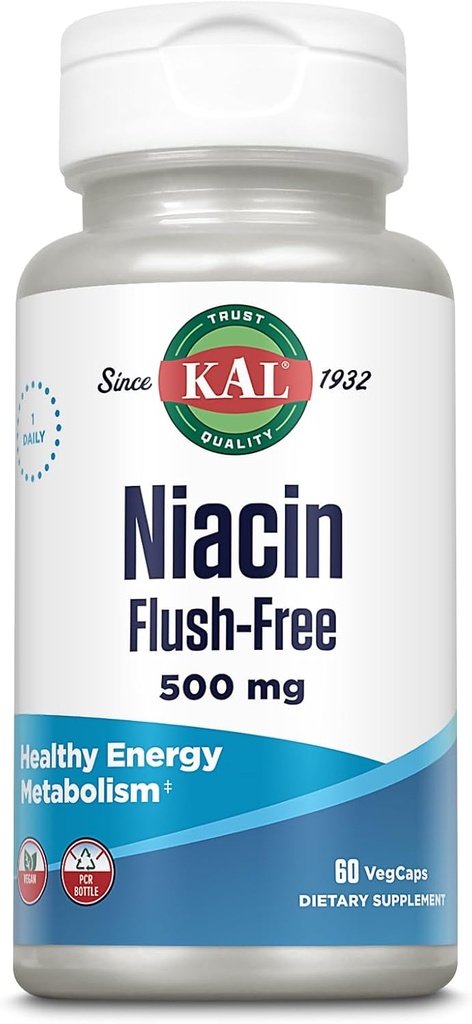 KAL Niacin 500mg Flush Flush - 维生素B3 补充 - 代谢和能量支持 - 皮肤,神经,消化性健康和流通支持 - Vegen Vitamin,60天保障,60服务,60Veg Caps