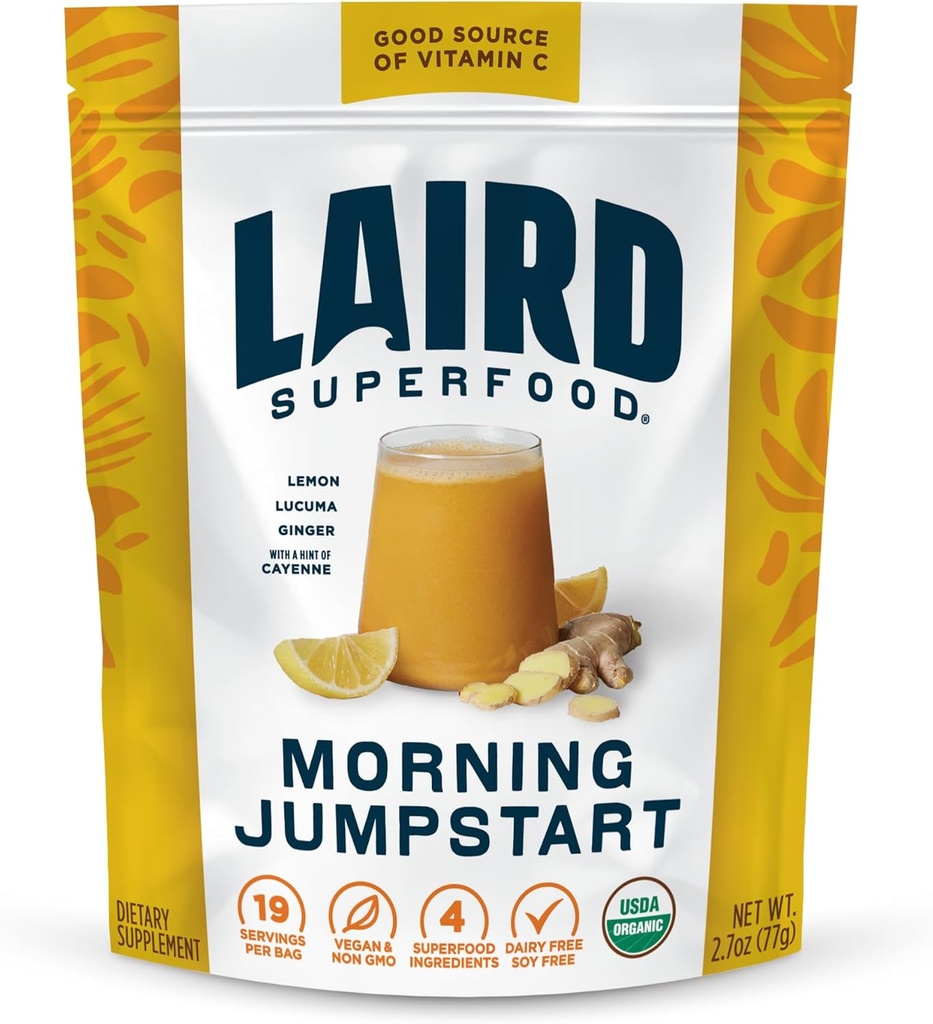 Laird Superfood Morning Jumpstart 粉末饮料补充品、柠檬、Lucuma、Ginger和Cayenne Cleanse、有机、2.7 Oz Bag、包装1