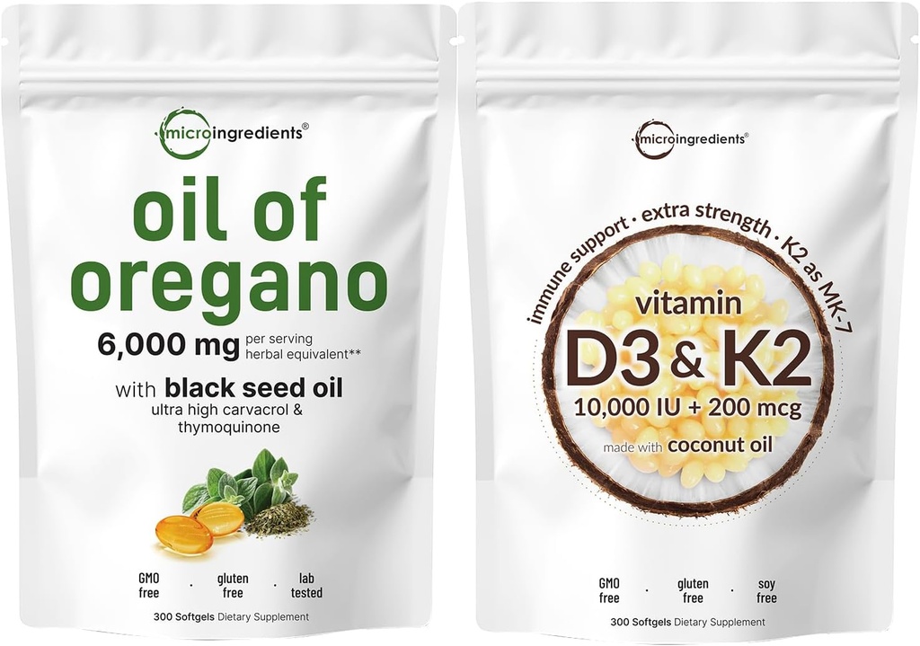 Oregano软胶的微成份油 6 000 mg Pererering & Vitamin D3 10,000iu + K2 200mcg Coconut Oil Softegel Bundle 2 Pack → 4X 强卡瓦罗尔和Thymoquinon → 基本阳光维生素
