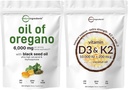 Oregano软胶的微成份油 6 000 mg Pererering & Vitamin D3 10,000iu + K2 200mcg Coconut Oil Softegel Bundle 2 Pack → 4X 强卡瓦罗尔和Thymoquinon → 基本阳光维生素