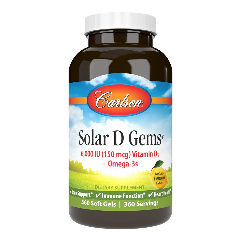 Carlson - 太阳能D宝石,维生素D3和Omega-3补编,6000 IU(150 mcg)维生素D3,115 mg Omega-3s EPA和DHA补编,Wild Caught,可持续来源,柠檬,360软胶