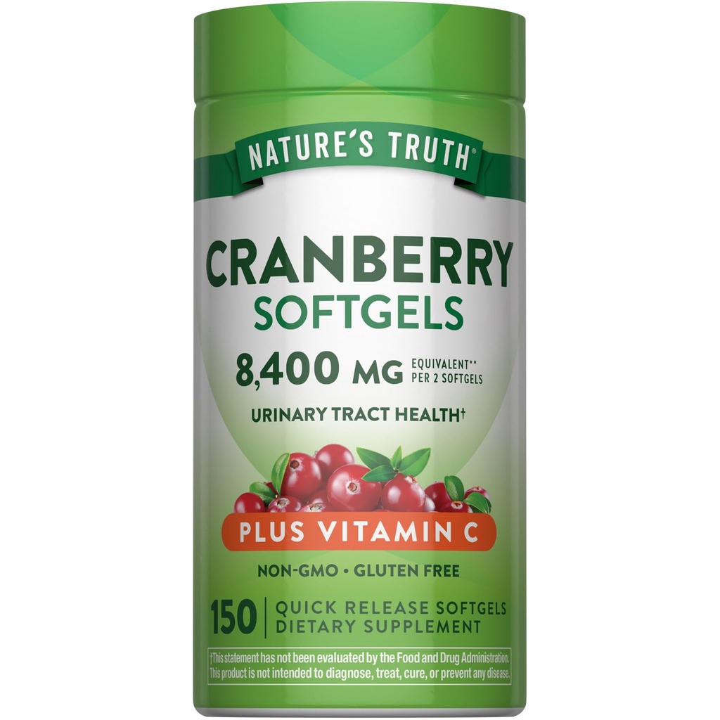 Nature's Truth Cranberry with Vitamin C Softgels → 8400mg → 150 Pills → Urinary Tract Health Support → Non-GMO & Gluten Free Supple Suppose (英语:Non-GMO & Gluten free Supplement) 大自然的真人蓝莓与维生素C软胶 → 8400mg → 150 Pills → 150 Pills → Urinary Tract 健康支持 → Non-GMO & Gluten 免费补充品