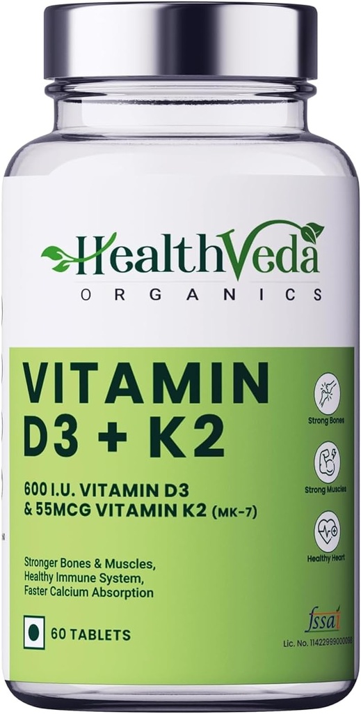 有机维生素D3(600 IU)+维生素K2作为MK7补充(55mcg) |60 Veg 片|支持健康骨骼,靴子免疫系统和男女联合健康|.