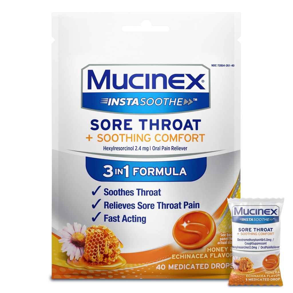 Mucinex Instasothe Sore喉部解药滴液、喉部解药滴液液、喉部解药滴液液液、咳嗽替代药、蜂蜜和艾奇纳西亚火焰液,40厘米
