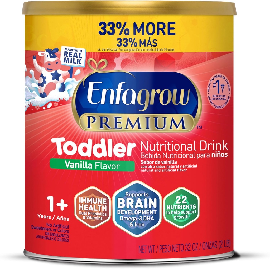 Enfagrow Premium Toddler 营养饮料、天然香草火焰、Omega-3 DHA 支持大脑、预生和维生素促进免疫健康、N-GMO、Powder Can、32 Oz(包1)