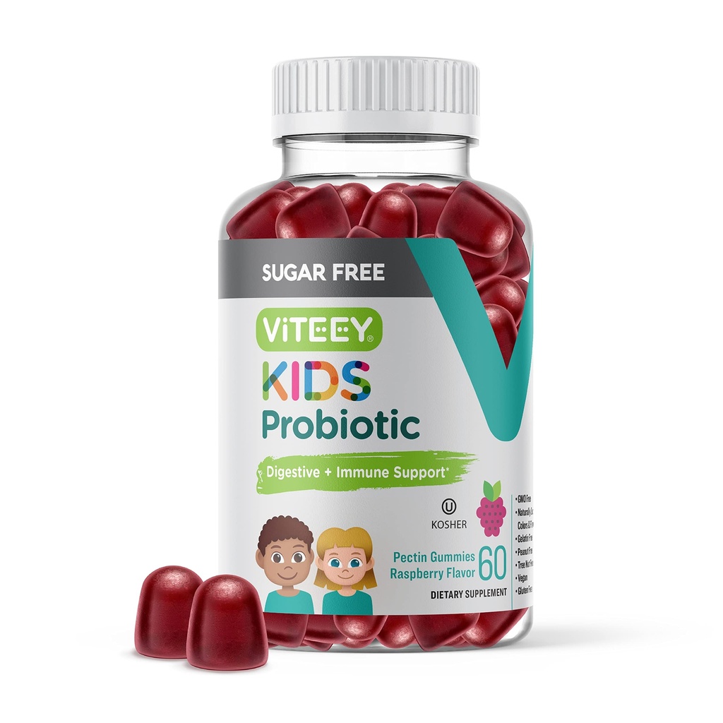 Viteey Probiotic Gummys for Kids - 2亿 CPUs - Probiotics 儿童便秘救济,自然免疫和消化健康支持 - Vegan, Gelatin Free, GMO Free - Tasty Chewable Raspberry Flavored (英语).