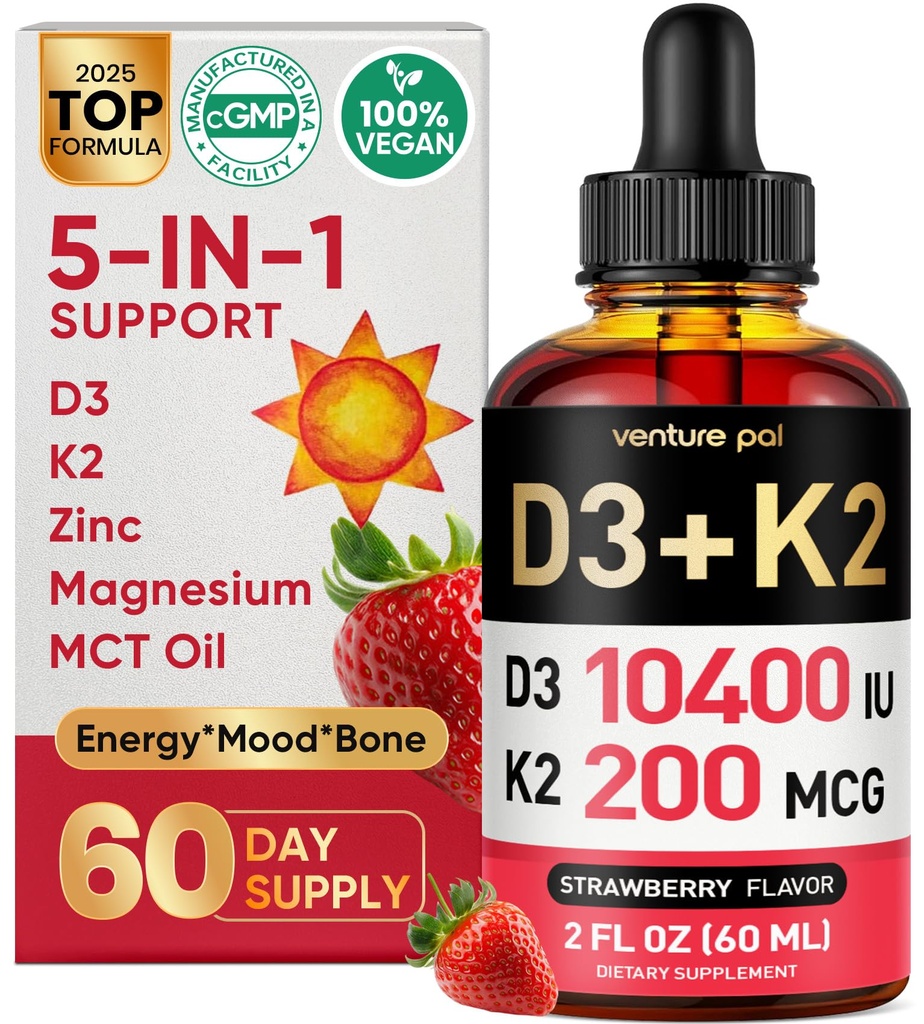 Pal 5-in-1 维生素 D3 1000 IU & K2作为MK-7 200mcg,配有镁、MCT油、锌、无糖维生素D 液体 ====================================================================================================================================================================================================================