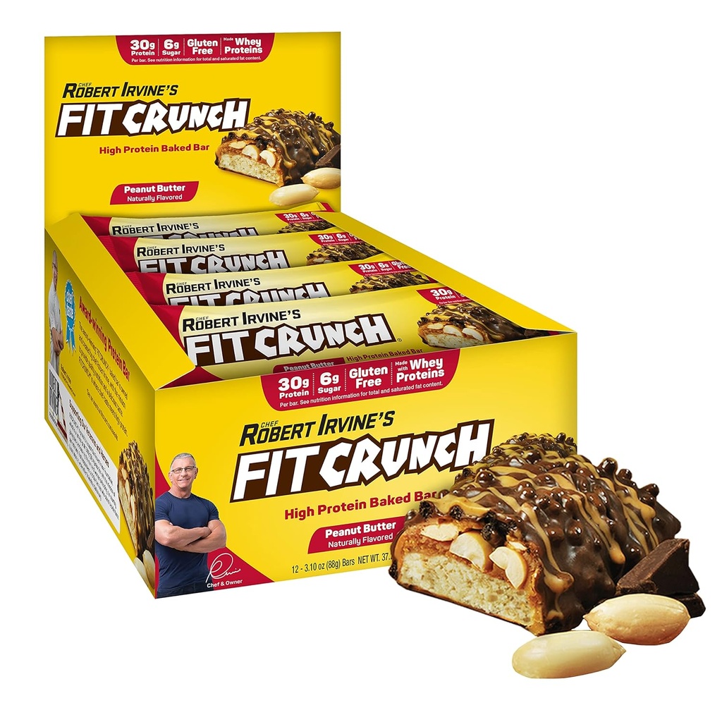 FITCRUNCH 全尺寸蛋白棒,6-Layer烤肉棒,6克糖,Gluten Free & Soft Cake Core(12巴,花生酱)