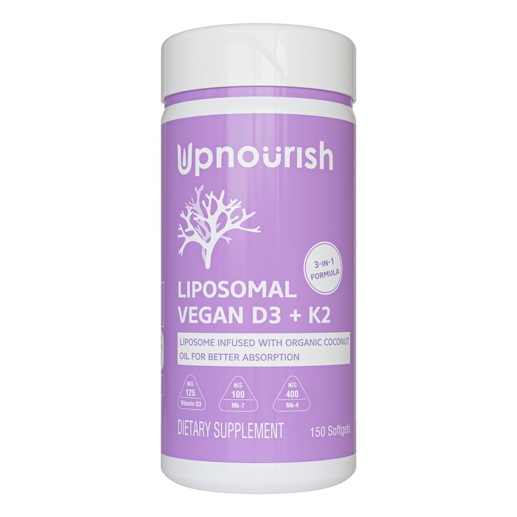 Up Nourish认证 Vegan Vitamin D35000 IU K2 MK4 MK7 500 mcg 补充剂,150软胶,植物基 Liposomal Vitamin D K 与有机椰油,非转基因有机物, Gluten 和 Gelatin 免费