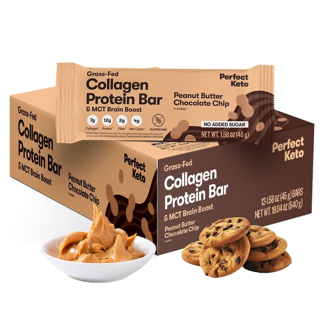 完美 Keto Collagen 蛋白质棒, Gluten 自由草药 Collagen + MCT 油,低碳,无糖加成,高蛋白糖,克托饮食食品,13g蛋白,18g脂肪,3g净碳,花生酸巧克力片,12巴