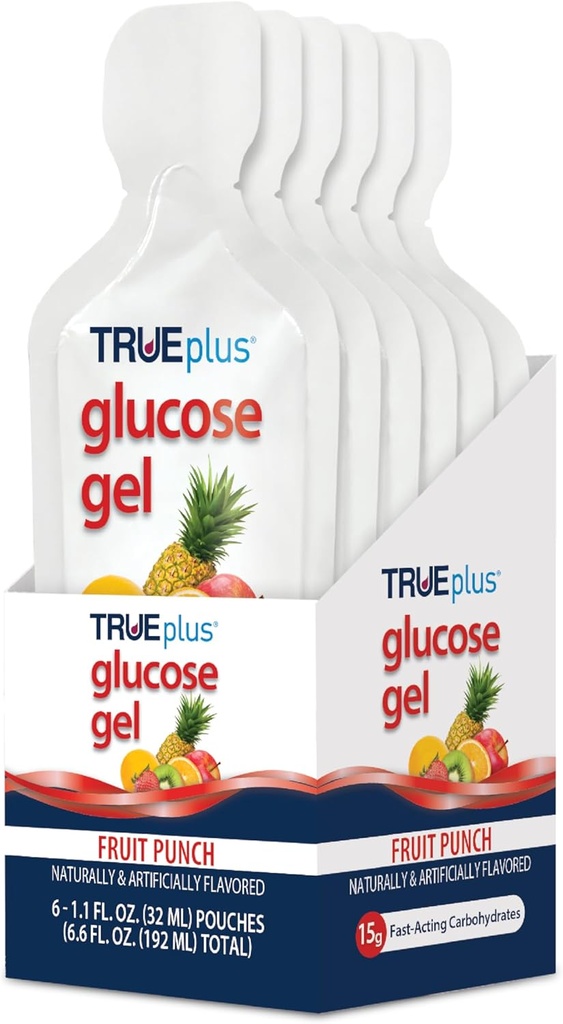TRUEplus Glucose Gel 邮袋,水果冲锋剂 Flavor, 15g 快动作碳水化合物, Fat Free, Gluten Free, 快速支持低血糖和能量, 6 Pack