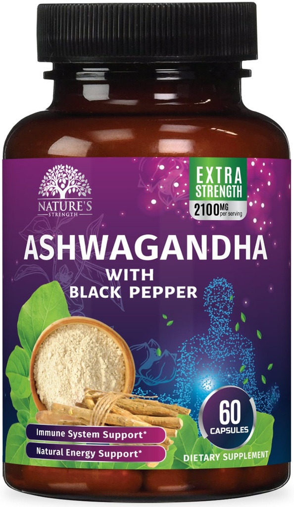 Ashwagandha补编2100mg - 外力 Ashwagandha Powder & root 提取与黑辣椒为Max吸收,草药抗氧化剂为妇女和男子补充,Vegan,Non-GMO - 60 Capsules