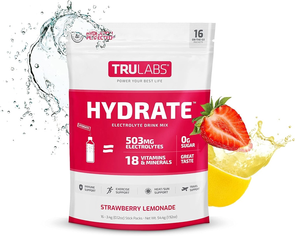TRULABS 水草莓柠檬水 水解电解 饮用混合剂 16 棒. 零糖,只有5卡路里,503mg电解质.
