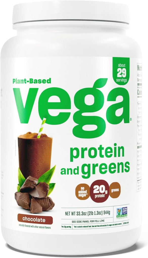 Vega蛋白质和绿素蛋白粉,巧克力 - 20g 植物蛋白质加蔬菜,Vegan,非转基因生物, Pea 蛋白质,男女,2.1bs