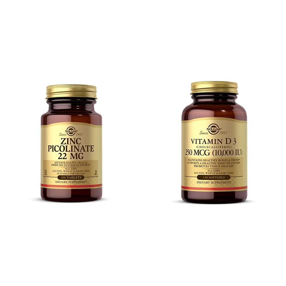 Solgar Zinc Picolinate 22 mg, 100 片 - 促进健康的皮肤 - 支持免疫系统,普通T与维生素D3(Cholecalciferol) 250 MCG(10 000 IU),120 软胶 - 帮助维护健康的骨头