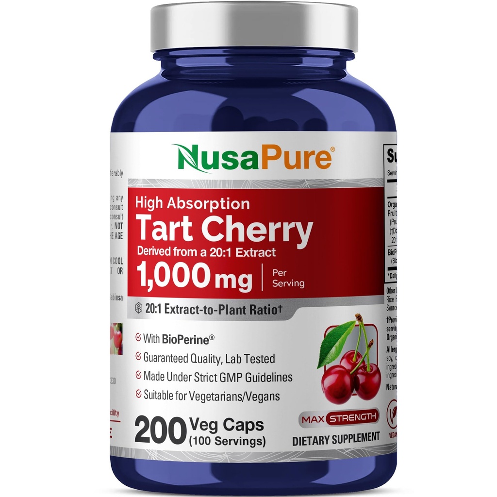 NusaPure Organical Tart Cherry 20:1 提取物,1000 mg 等效于20,000 mg 200 Vegie Caps (Vegan,非GMO) Bioperine