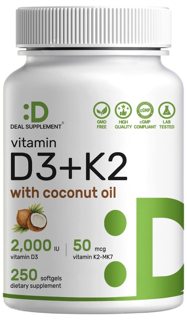 DEL 添加维生素 D3 2,000 IU + K2 MK7 50mcg 软胶 → 2-in-1 复合物 維珍椰油 → 支持心,骨,牙齿和免疫健康 → 容易吞咽