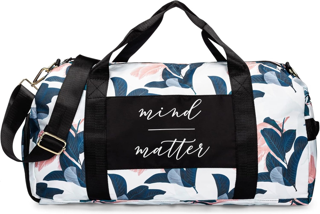 女性运动用品袋(Gym Bag for Women with Shoe Compet and Wet Pocket) 持久轻量级运动用品袋(Gym Duffle) 具有动机的引言和图形设计 – 适合锻炼和过夜 – 白色/海军 - 瓜瓦叶