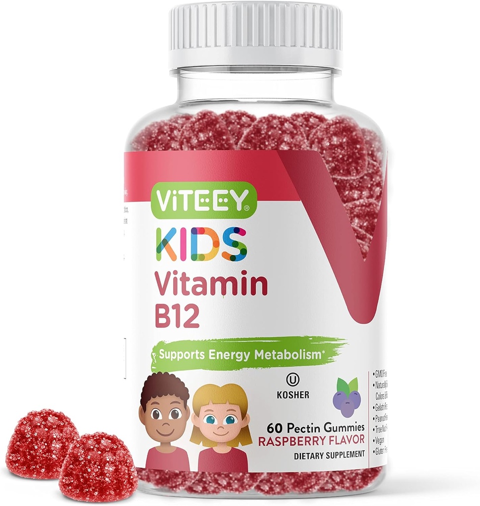 Viteey Vitamin B12 for Kids Gummys, 1000mcg - 代谢,自然能源支持 - Vegan, Gelatin Free, Gluten Free, GMO Free - Tasty Chewable B12 Raspberry Flavored Gummy (英语).