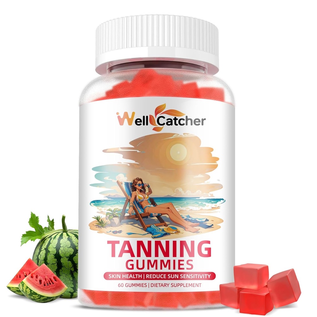 Tanning Gummys Supplement Men Women - Daily Tanning Gummys 无糖与Astaxanthin Beta-Carotene L-Tyrosine Lycopene Natural Self Tanner 皮肤健康与敏感Vegan 非 GMO 60CT