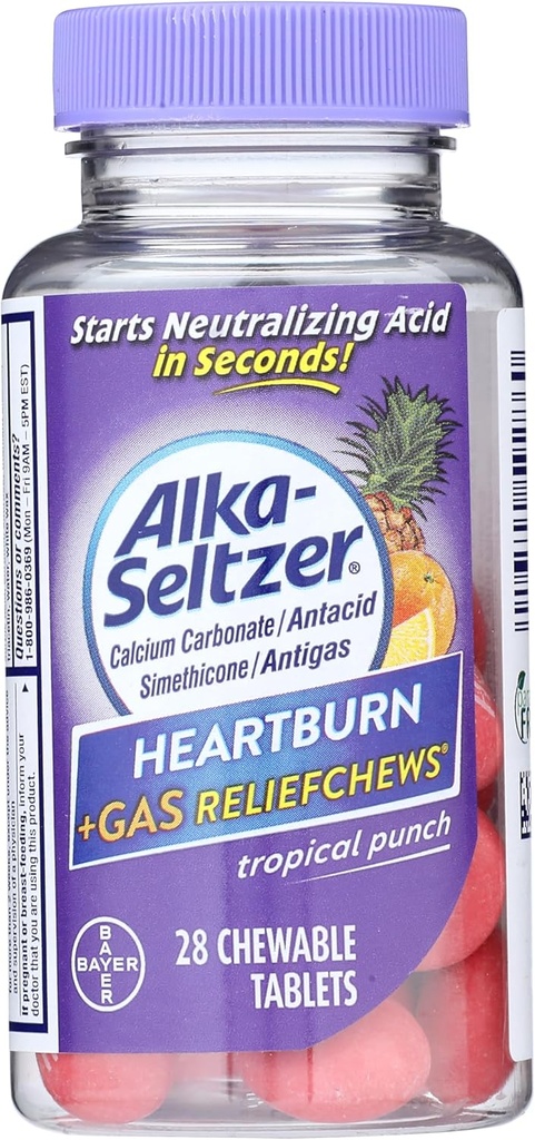 Alka-Seltzer Heartburn + Gas Relief Chews – Relief Heartburn, Gas, Acid indeption, and Sour Stomach - 热带冲刺火焰 - 28 计数