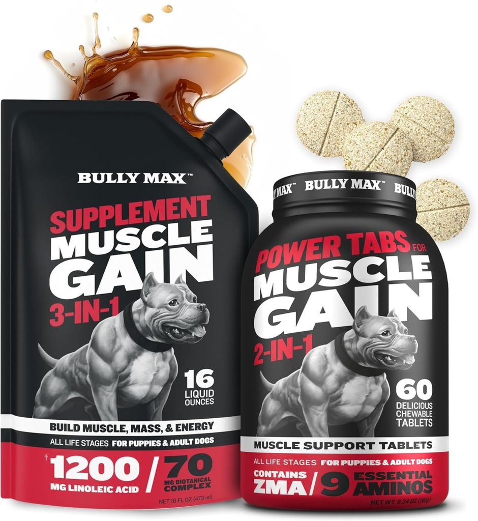 Buly Max 3-in-1 液态狗肌肉构建器和动力塔布(60个标签) Bundle – 高蛋白补充剂和可切换的多维塔明,用于肌肉生长,能量和恢复的所有育种,小狗和成年狗