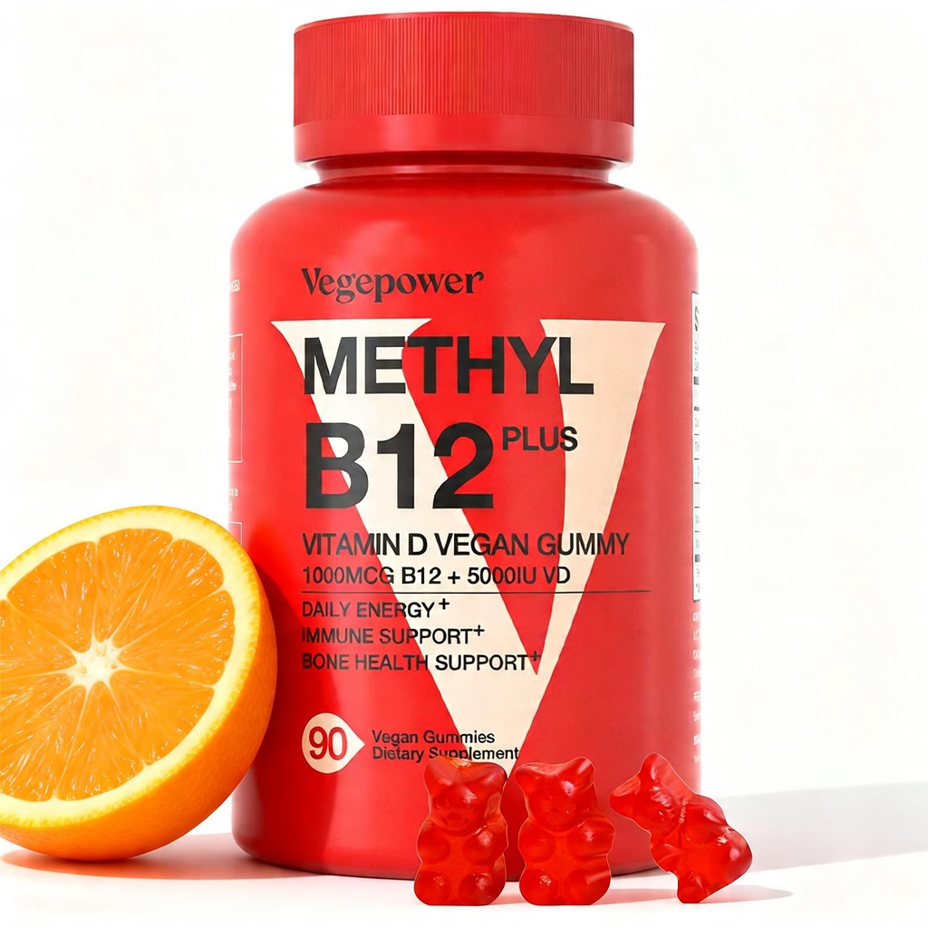 Vegen Vitamin D3 & B12 Gummys, Methy B12 成人与儿童补充品,在自然能源,Immune,代谢与聚焦,Orange,90 Gummys加固维生素D3